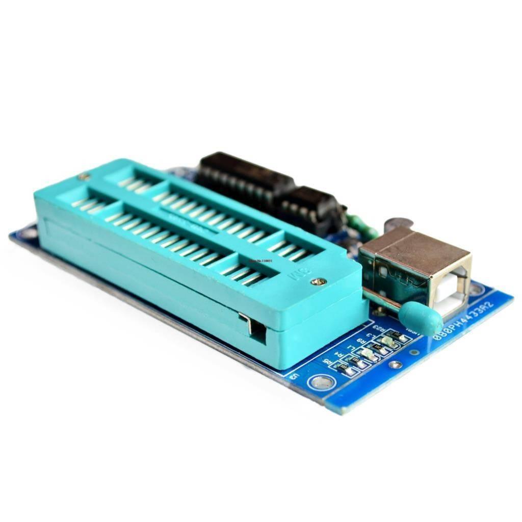 Pic K150 USB Pic Microcontroller Programmer - a blue circuit board, a large green ZIF socket, and a USB Type-B port.