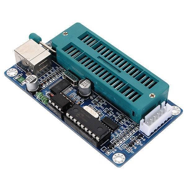 Pic K150 USB Pic Microcontroller Programmer - a blue circuit board featuring a large green ZIF socket, a USB port, and an integrated chip.