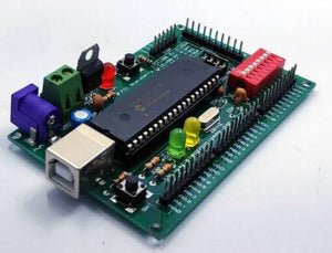 PIC Strawberry Microcontroller Development Board - a green circuit board featuring a central chip, USB port, power jack, DIP switches, and LEDs.
