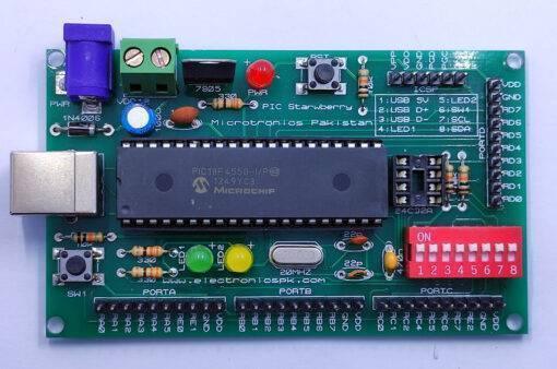 PIC Strawberry Microcontroller Development Board - a green rectangular PCB featuring a PIC18F4550 chip, USB port, power jack, DIP switches, and LEDs.
