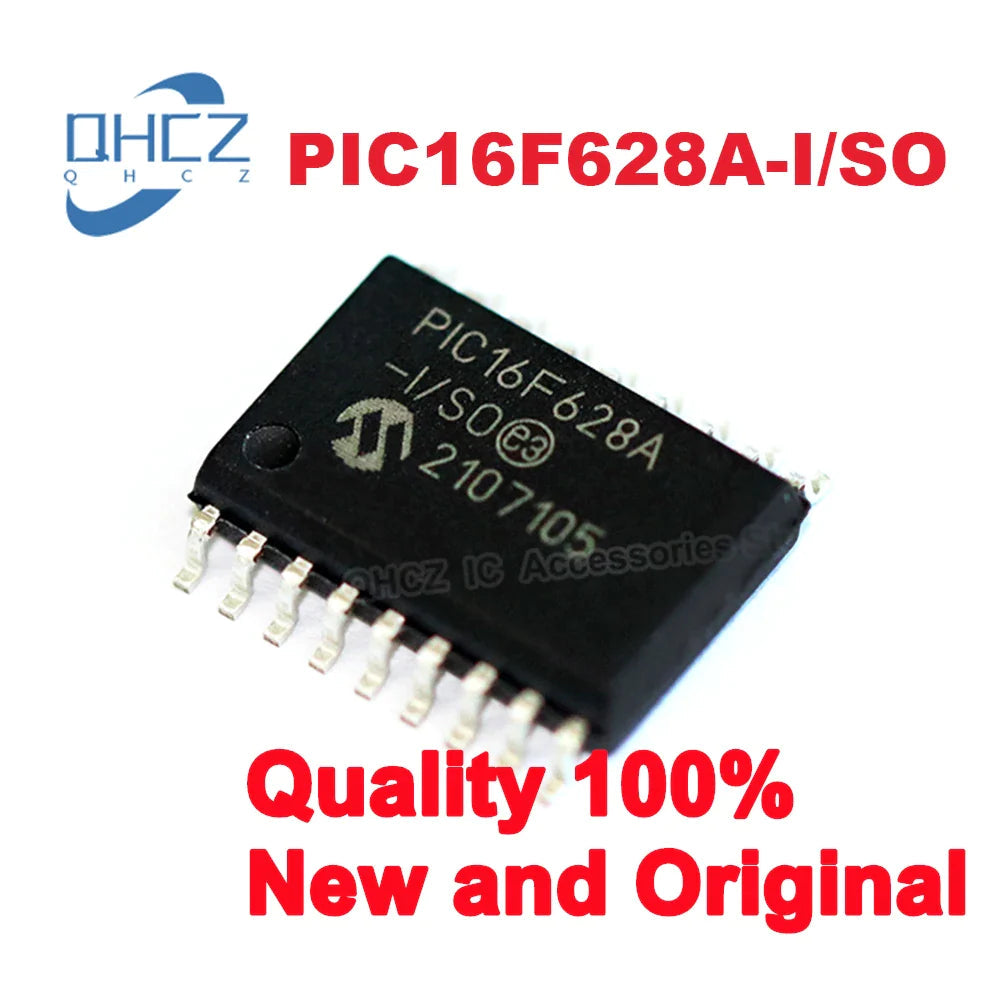 PIC16F628A-I/SO SOP18 PIC16F628A PIC16F628 16F628 SMD 16F628A SOP-18 New and Original Microcontroller Chip MCU - a black rectangular SMD component with 18 pins and white text markings on its top surface.