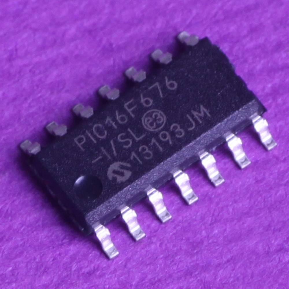 PIC16F676 SMD Version 14 DIP 8 Bit Microcontroller - a black 14-pin surface-mount integrated circuit chip with white text markings on a purple background.