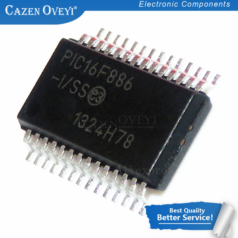 PIC16F886 ISO SOIC28 Microcontroller Legs may be bend a little bit - in a black 28-pin SOIC package with silver leads, shown in a close-up view with some leads slightly bent.