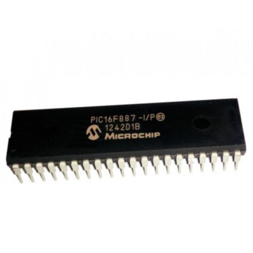 PIC16F887 Microcontroller 16F887 Microcontroller - a black 40-pin dual in-line package integrated circuit with white text printed on its top surface.