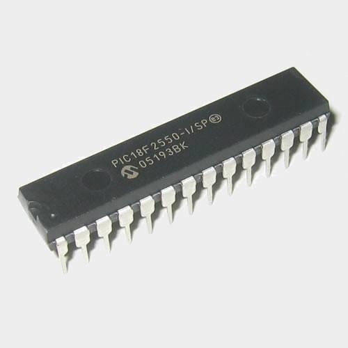 PIC18F2550 USB Microcontroller - a black, rectangular 28-pin DIP integrated circuit chip with white text printed on its surface.