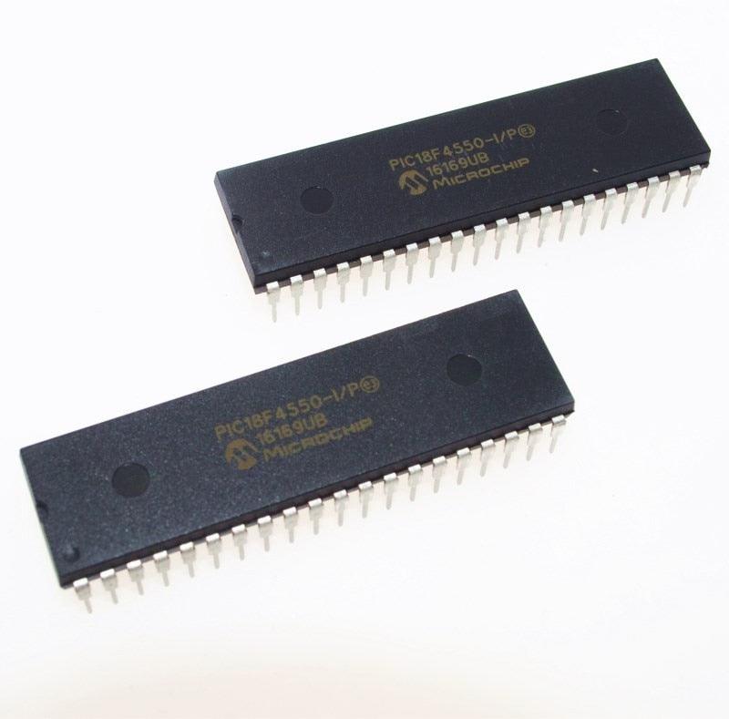 PIC18F4550-I/P PIC18F4550 18F4550 USB Microcontrollers DIP40 IC PIC MCU FLASH 16KX16 NEW 1PCS - two black 40-pin DIP integrated circuit microcontrollers with white text markings on their top surfaces, shown against a white background.