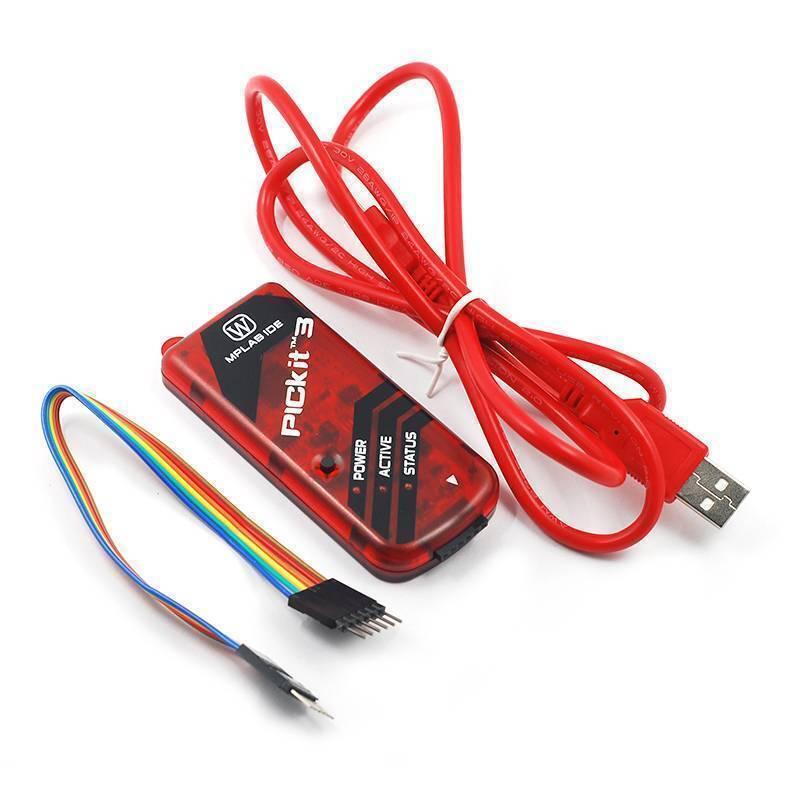 Pickit3 Pic KIT3 Programmer - shown with a red plastic casing, three status indicator lights, a USB cable, and a multi-coloured ribbon cable.