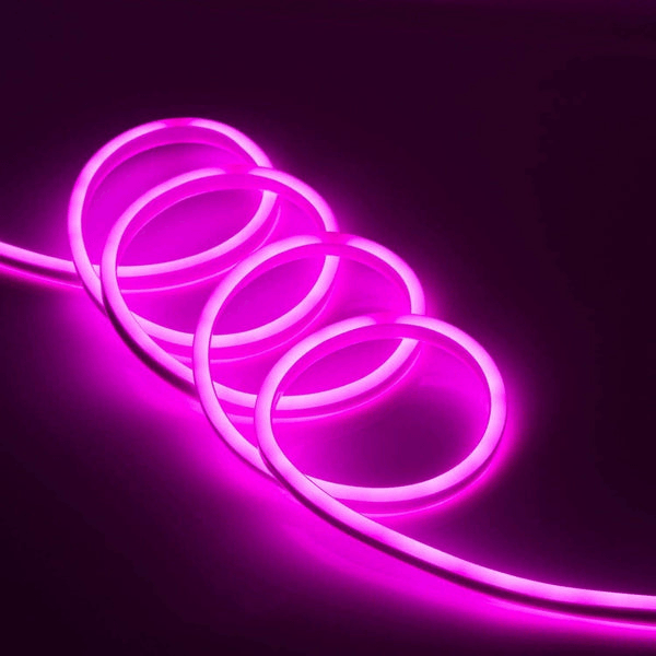 Pink Neon Light 12V 1 Meter - shown as a flexible, glowing pink LED strip coiled into several circular loops against a dark background.