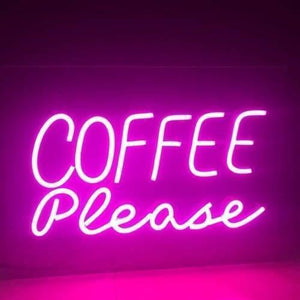 Pink Neon Light 12V 1 Meter - shown as a glowing pink neon sign mounted on a wall displaying the text "COFFEE Please" in a cursive and print font style.