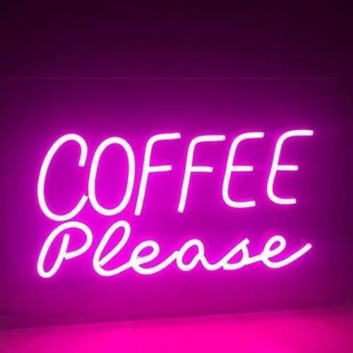 Pink Neon Light 12V 1 Meter - shown as a glowing pink neon sign mounted on a wall displaying the text "COFFEE Please" in a cursive and print font style.