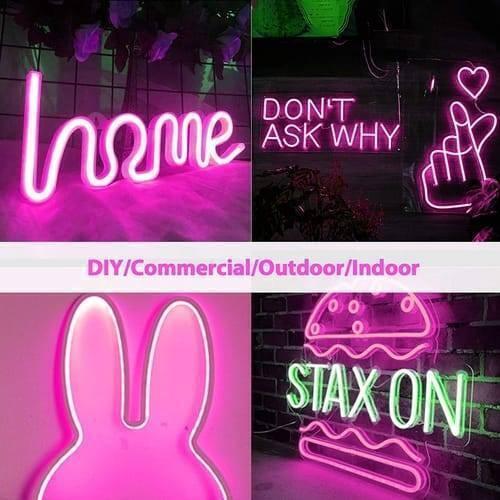 Pink Neon Light 12V 1 Meter - shown as a collage of four different neon signs in pink and green, including the words "home", "DON'T ASK WHY", and "STAX ON".