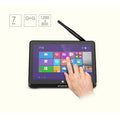 PiPO X8 Pro Mini PC 2GB 32GB Intel Z8350 Quad Core WIN10 7.0 Inch WiFi Bluetooth SBC - a black 7-inch tablet-style device with an external antenna, displaying a Windows 10 interface being touched by a hand.