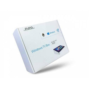 PiPO X8 Pro Mini PC 2GB 32GB Intel Z8350 Quad Core WIN10 7.0 Inch WiFi Bluetooth SBC - white retail packaging box featuring the product name, logos for Android, Windows, and Intel, and an image of the device.