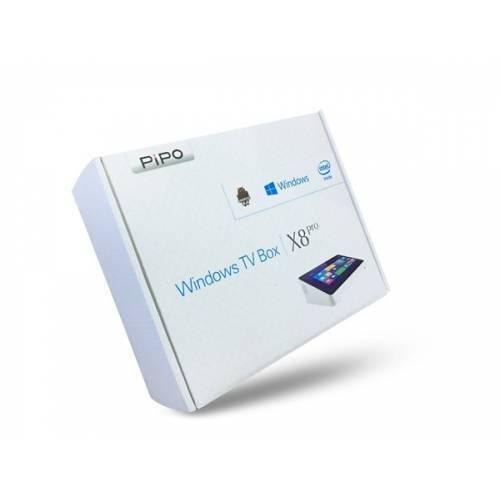 PiPO X8 Pro Mini PC 2GB 32GB Intel Z8350 Quad Core WIN10 7.0 Inch WiFi Bluetooth SBC - white retail packaging box featuring the product name, logos for Android, Windows, and Intel, and an image of the device.