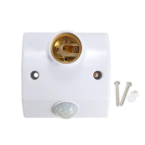 PIR Infrared Motion Sensor LED Lamp Wall Mounted Bulb Holder E27 AC220V - a white plastic unit with a central E27 socket, a motion sensor, and two screws.