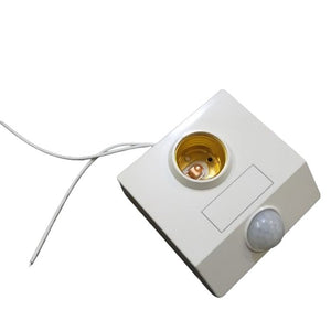 PIR Infrared Motion Sensor LED Lamp Wall Mounted Bulb Holder E27 AC220V - a square white bulb socket with an integrated motion sensor and two wires.