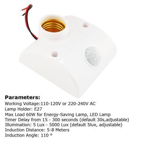 PIR Infrared Motion Sensor LED Lamp Wall Mounted Bulb Holder E27 AC220V - a white plastic sensor housing with an E27 socket and a circular motion sensor.