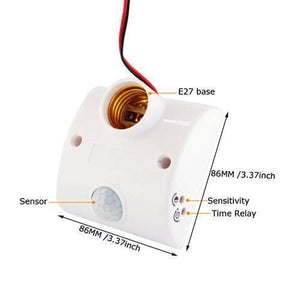 PIR Infrared Motion Sensor LED Lamp Wall Mounted Bulb Holder E27 AC220V - shown in a white, square-shaped housing with dimension labels, sensor, and controls.