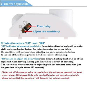 PIR Infrared Motion Sensor LED Lamp Wall Mounted Bulb Holder E27 AC220V - a side view with two adjustable knobs labeled for time delay and sensitivity.