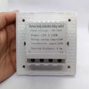 PIR Infrared Motion Sensor Switch - shown from the back, featuring a white square housing with L and L1 terminal ports and printed technical specifications.