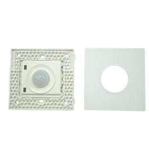 PIR Infrared Motion Sensor Switch - shown as a white, square-shaped sensor module with a central dome lens next to its matching square faceplate.