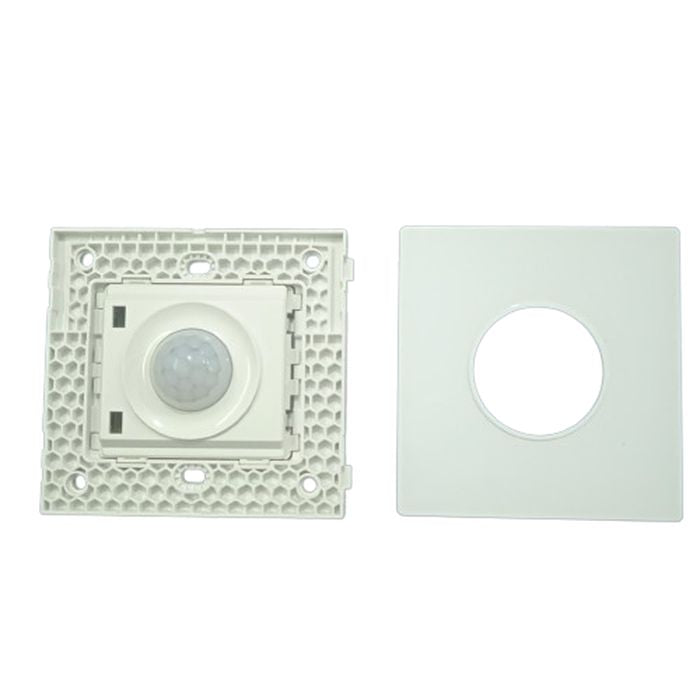 PIR Infrared Motion Sensor Switch - shown as a white, square-shaped sensor module with a central dome lens next to its matching square faceplate.