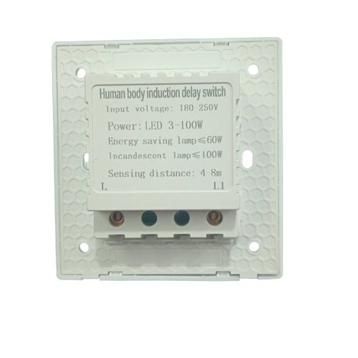 PIR Infrared Motion Sensor Switch - a white square wall-mounted unit with printed technical specifications and two screw terminals labeled L and L1.