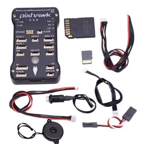 Pixhawk 2.4.8 Flight Controller With 4GB Gb - shown as a kit with a black main unit, two memory cards, a buzzer, and several connector cables arranged on a white background.