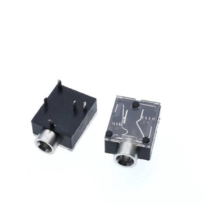 Pj-324 PCB Mount Female Audio Connector DIP Stereo Headphone Jack - two black and clear plastic stereo headphone jacks with metal ports and pins for PCB mounting.