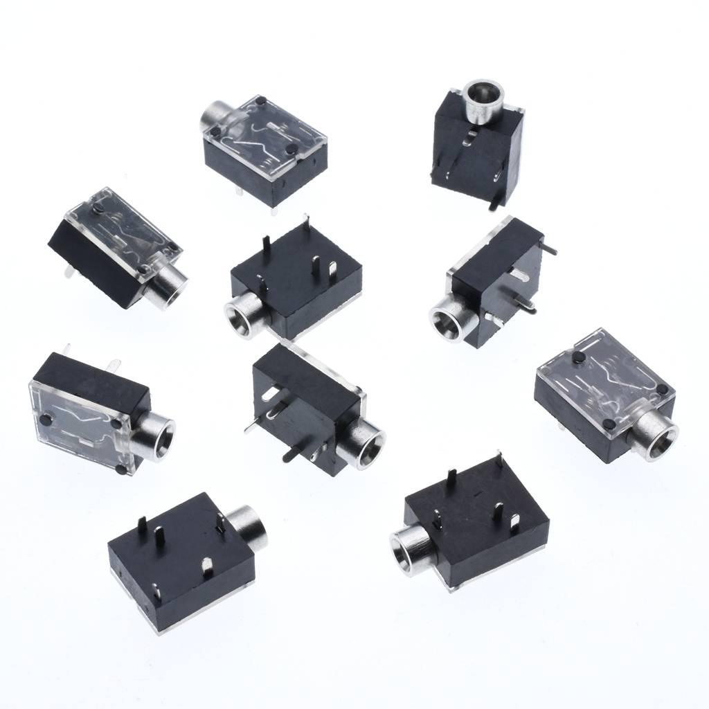 Pj-324 PCB Mount Female Audio Connector DIP Stereo Headphone Jack - a collection of black and transparent plastic stereo headphone jacks with metal ports on a white background.