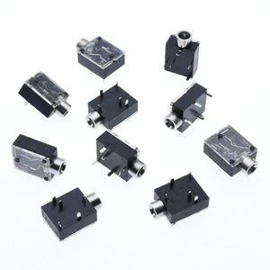 Pj-324 PCB Mount Female Audio Connector DIP Stereo Headphone Jack - a collection of black and transparent plastic stereo headphone jacks with metal ports on a white background.