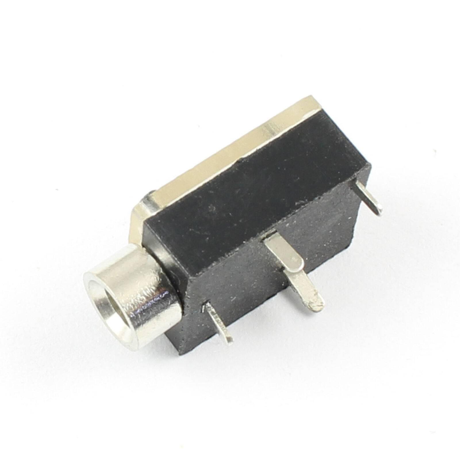 Pj-324 PCB Mount Female Audio Connector DIP Stereo Headphone Jack - a black rectangular stereo headphone jack with a silver metal port and three protruding metal pins.