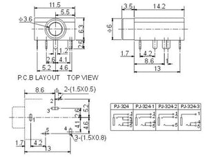 Pj-324 PCB Mount Female Audio Connector DIP Stereo Headphone Jack - a technical dimension diagram with front, side, and P.C.B. layout views and internal circuit schematics.