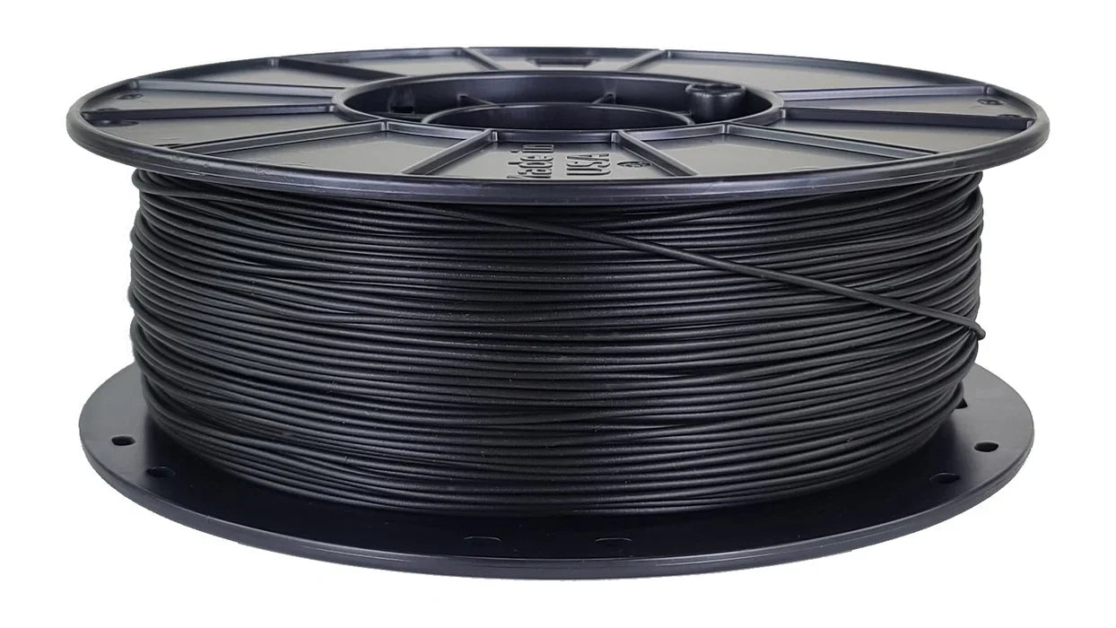 PLA Black Color 3D Printer Filament 1.75 mm 1kg roll Spool Filament - a black plastic spool wound with black 3D printing filament.