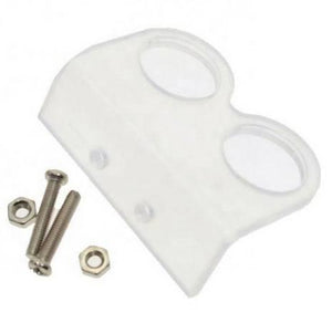 Plastic Bracket Holder for HC-SR04 Ultrasonic Sensor with Screw - shown as a clear plastic mount with two circular openings, accompanied by two metal screws and nuts.