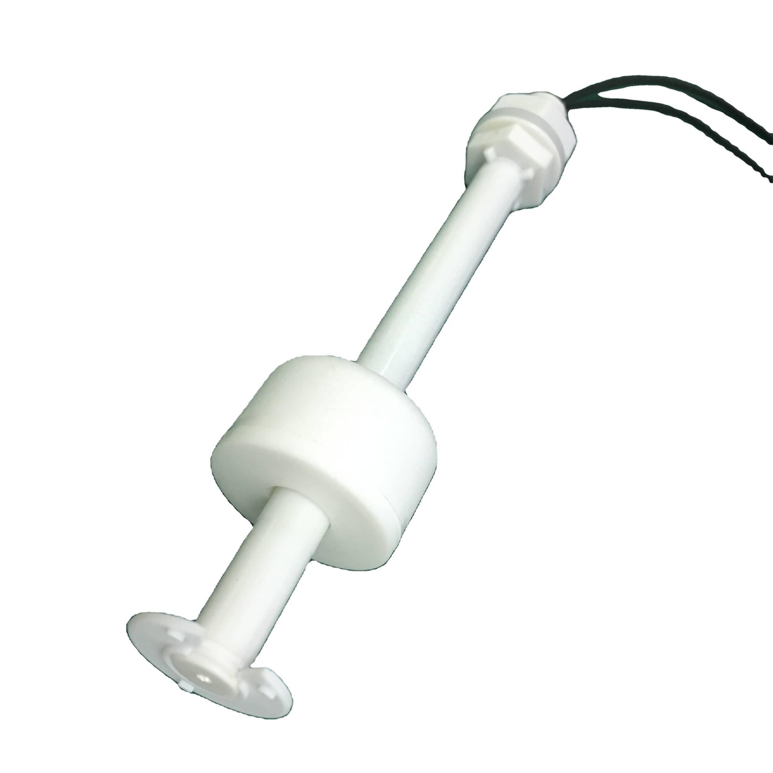 Plastic Float Water Level Switch - a white cylindrical sensor with a sliding float, a mounting nut, and two black electrical wires extending from the top.