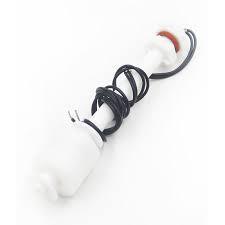 Plastic Float Water Level Switch - shown as a white plastic vertical sensor with a floating cylinder, a coiled black wire, and a rubber gasket.