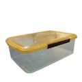 Plastic storage box Only Lahore City Delivery Avaialble - a rectangular clear plastic container with a yellow lid and a dark brown locking latch.