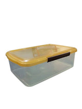 Plastic storage box Only Lahore City Delivery Avaialble - a rectangular clear plastic container with a yellow lid and a dark brown locking latch.