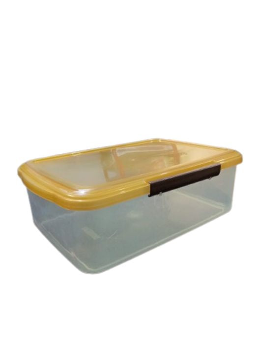 Plastic storage box Only Lahore City Delivery Avaialble - a rectangular clear plastic container with a yellow lid and a dark brown locking latch.