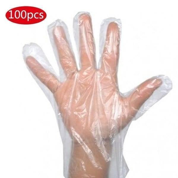 Plastic Surgical Disposable Hand Gloves - shown as a clear, thin plastic glove worn on a human hand with a red 100pcs label in the corner.