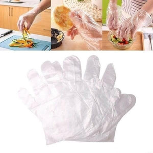 Plastic Surgical Disposable Hand Gloves - shown as a stack of clear, thin, disposable plastic gloves alongside three lifestyle usage examples.