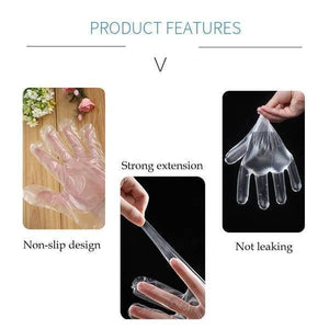 Plastic Surgical Disposable Hand Gloves - shown in a three-part graphic demonstrating their non-slip design, strong extension, and leak-proof quality.