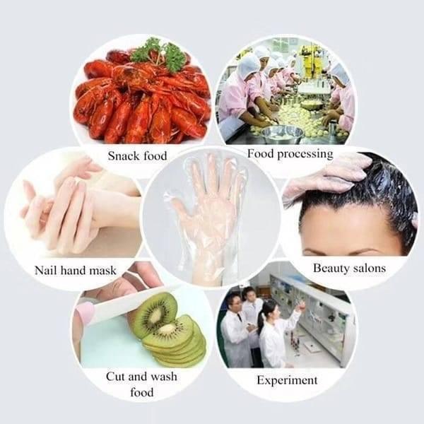 Plastic Surgical Disposable Hand Gloves - shown in a collage depicting their use for food preparation, beauty treatments, and laboratory experiments.