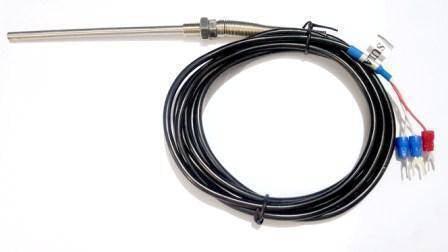 Platinum RTD Sensor – PT100 3-wire - a silver metal probe connected to a long black cable ending in three spade terminals with red and blue covers.