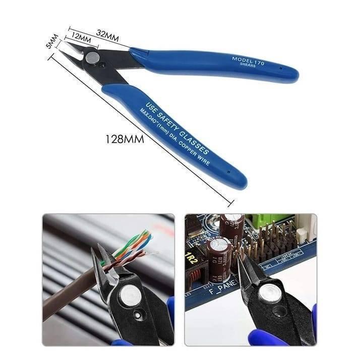 Plato 170 DIY Electronic Diagonal Side Pocket Cutting Pliers Nippers Grip Shear Wire Cutter Tool - with blue handles, shown with dimension diagrams and two close-up images of the tool cutting wires on a circuit board.