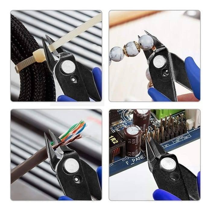 Plato 170 DIY Electronic Diagonal Side Pocket Cutting Pliers Nippers Grip Shear Wire Cutter Tool - four close-up views of the black tool cutting a zip tie, beads, wire, and leads.