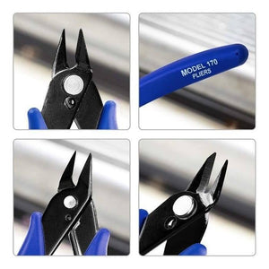 Plato 170 DIY Electronic Diagonal Side Pocket Cutting Pliers Nippers Grip Shear Wire Cutter Tool - a four-panel close-up showing the black metal cutting blades and blue handles with the text Model 170 Pliers printed on one side.