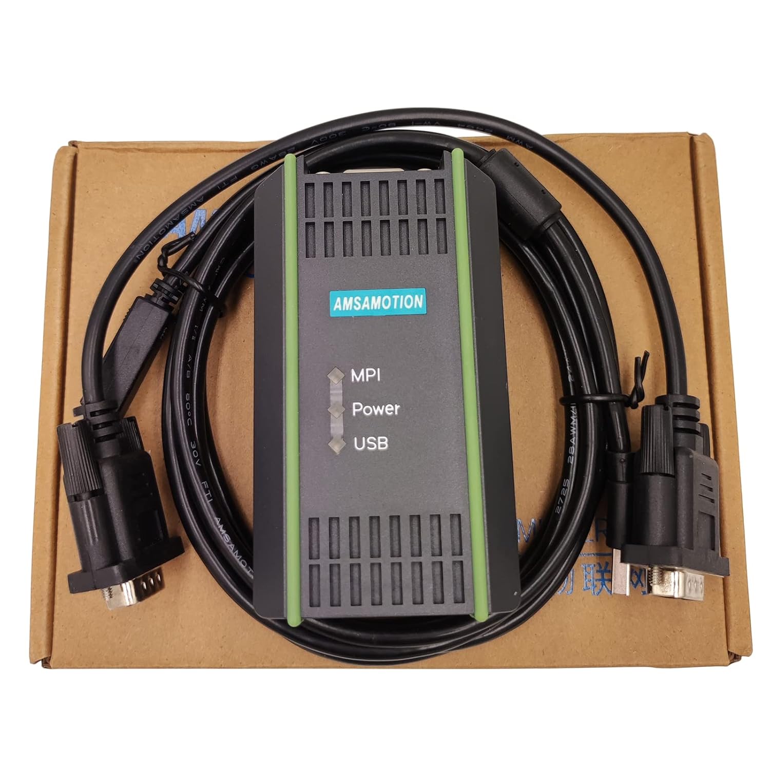 PLC MPI/DP/PPI Programming Cable for Siemens S7 200/300/400 S7-200 S7-300 S7-400 6ES7 972-0CB20-0XA0 USB-MPI+ PC USB-PPI,USB/MPI PC Adapter USB Cable - an AMSAMOTION adapter with MPI, Power, and USB LED indicators, resting on its cardboard box.