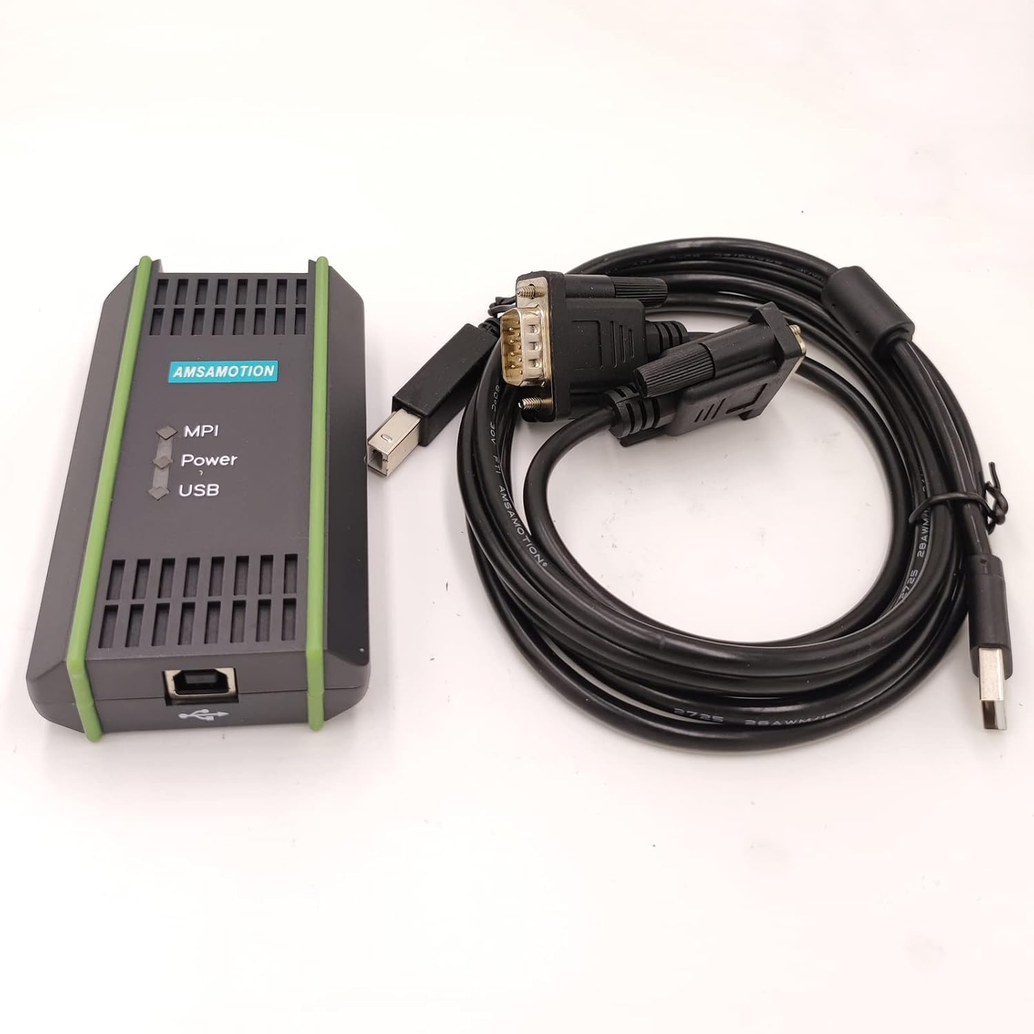 PLC MPI/DP/PPI Programming Cable for Siemens S7 200/300/400 S7-200 S7-300 S7-400 6ES7 972-0CB20-0XA0 USB-MPI+ PC USB-PPI,USB/MPI PC Adapter USB Cable - a black USB adapter with indicator lights and a black cable with two serial connectors.